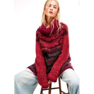 Free People Tigers Eye Sweater Medium Cowl Neck Magenta Red Alpaca Wool